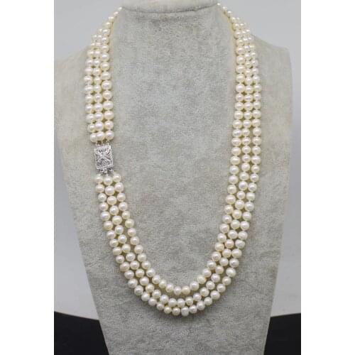 WOW! 3rows freshwater pearl white near round 7-8mm necklace 19-21inch nature wholesale