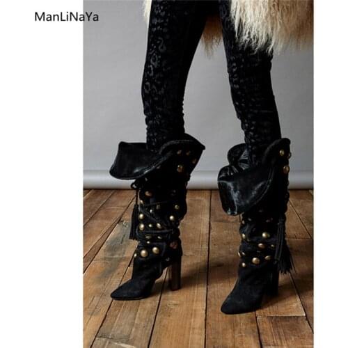 Ruffles Women Black Cow Suede Long Boots Gold String Bead Ladies Knee-High Runway High-heeled Boots Newest Fringe Chelsea Boots
