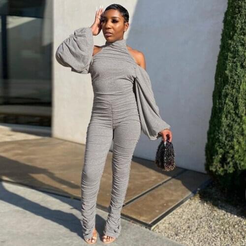 BKLD Womans One Piece Outfit 2020 Autumn New Off Shoulder Jumpsuit Halter Back Out Puff Sleeve Ruched Bodycon Rompers Women