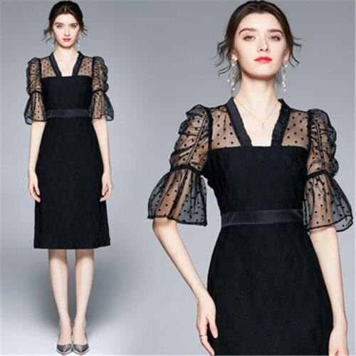 Runway Summer OL Temperament Vintage Midi Dress High Quality Women Polka Dot Mesh Patchwork Black V-Neck Flare Sleeve Dresses