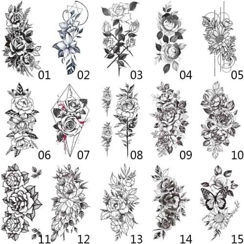 1 Pcs Flower Pattern Waterproof Temporary Tattoo Stickers Black Sketchs Flowers Tattoo Stickers for DIY Body Art Tools 12*21CM