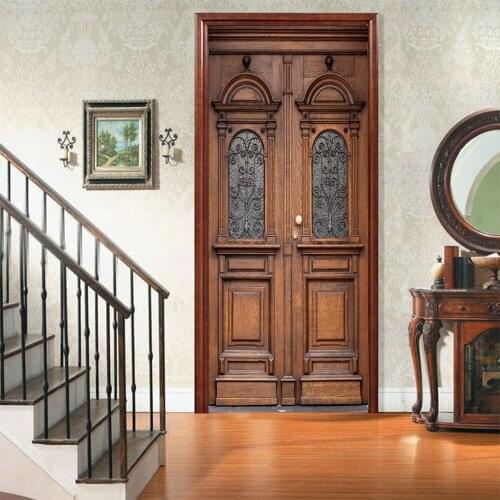 2pcs/set Retro Simulation Wooden Door DIY Door Art Mural Sticker Bedroom Living Room Decorative Painting Remobvable Wallpaper