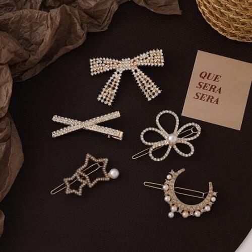 5pcs Crystal Moon Star Hair Clips Rhinestone Pearl Flower Bowknot Hairpins Barrettes Hair Accessories Jewelry for Women MS284