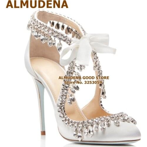 ALMUDENA Bling Bling Crystal Wedding Shoes White Satin Fabric High Heel Pumps Fringe Rhinestone Heels Lace-up Glitter Shoes