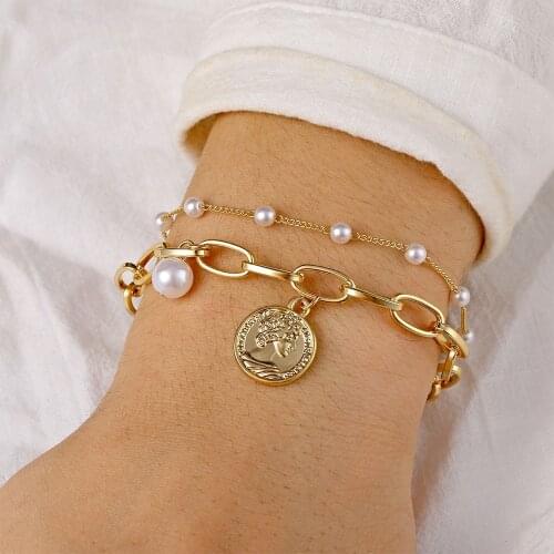 VKME New Bohemian Gold Pearl Beads Bracelet Chains Multilayer Bracelet For Girls Punk Jewelry 2021 Trend Charms Women‘s Bracelet