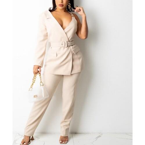 Two Piece Elegant Workwear Suits One Shoulder Belted Blazer & Slim Pants Set