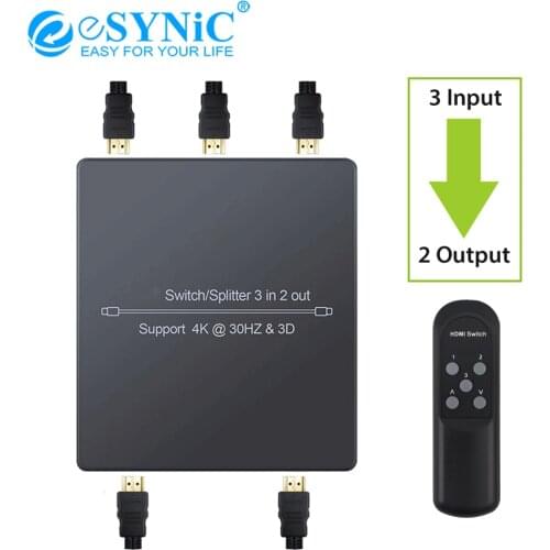 ESYNiC HDMI-Compatible Splitter 3 In 2 Out HDMI Automatical Switcher With IR Remote Support 4k 3D HDMI 1.4 For DVD Player HDTV