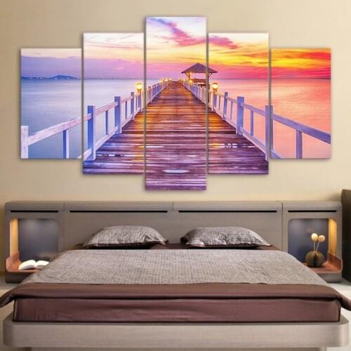Sunset Pier Canvas Painting Seascape Purple Twilight Wall Picture Living Room Decoration Wall Art Landscape Posters and Prints