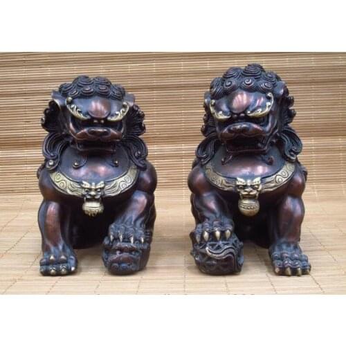 China Royal Feng Shui Pure Red Bronze Evil Door Guardian Fu Foo Dog Lion Pair