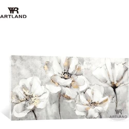 Beautiful picture for home wall decoration pure hand drawn gold foil white flowers oil painting art poster for living room sofa