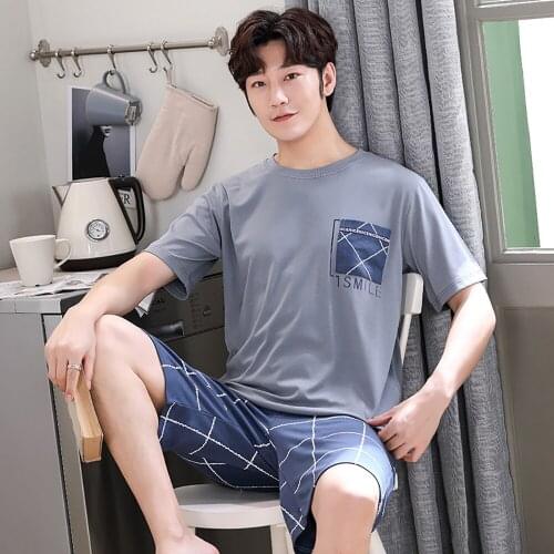 Summer 100% Cotton Pajamas for Men Fashion Letter Print Sleepwear Casual Thin Pajamas With Plaid Shorts Breathable Pajama Sets
