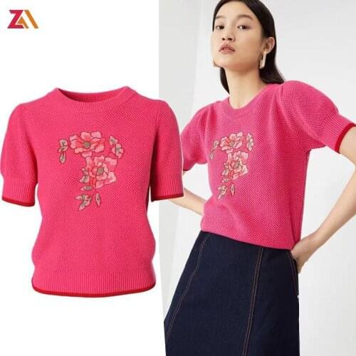 ZALady fashion chic embroidery tops blouses casual short sleeve flower knitted traf vintage ugly sweaters woman pullover female