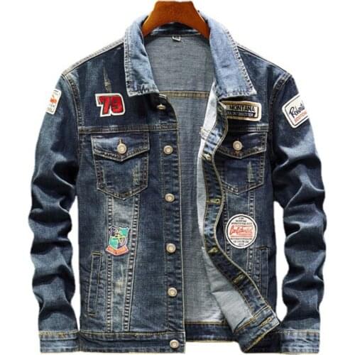 Mens Badge Patches Blue Denim Jacket Streetwear Patchwork Jean Coat Ripped Outerwear