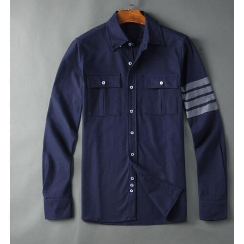 2021 TB Browin Shirt Men Thicken Autumn Winter Blouse tb Striped Pockets Casual Korean Design Cardigan High Quality