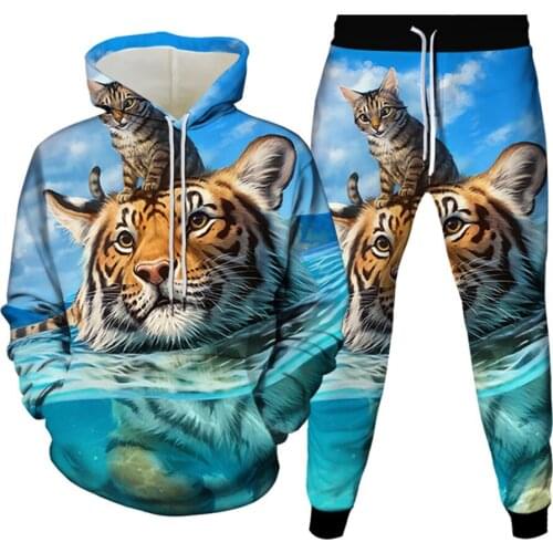 Mens' Fall Spring Suits King Animal Lion Tiger Print Clothing Tracksuit Women 3D Hoodies+Trousers Hooded Sweatshirt P