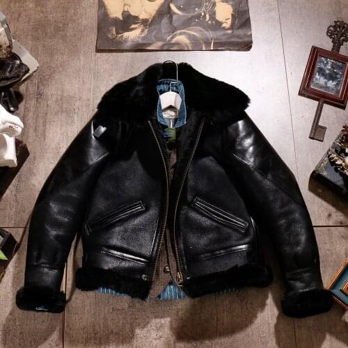 CDB3-1 European US Size High Quality Super Warm Genuine Sheep Leather Coat Mens Big B3 Shearling Bomber Merino Fur Jacket