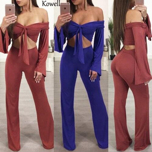 2020 New Style Autumn Women Sexy Suit Spandex Material Long Sleeve Backless Strapless High-Waiste Wide Leg Pants Suits