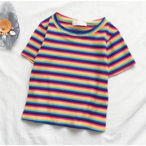 2021 New Summer Slim Fit Striped T-Shirt Korean Chic Crop Tops Women Short-sleeved Bottoming Tees Shirt Multicolor Short Clothes