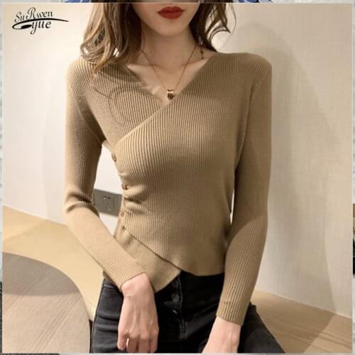 2021 Autumn Elegant OL Slim Blouse Women Solid Cotton Shirt Irregular Button Black V-neck Knitted Long Sleeve Tops Blusas 15849