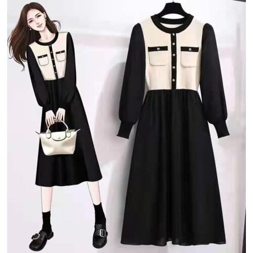EHQAXIN Plus Size Womens Knitted Dresses Autumn Winter Contrast Color Stitching Button Dress With Pocket Small Fragrance S-2XL