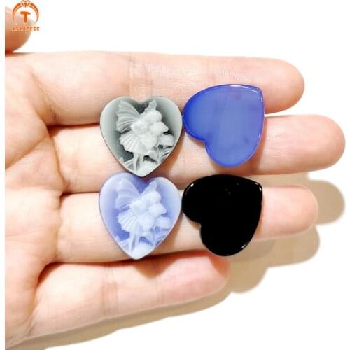 Natural blue black agates Heart Shape Cameo pendant Cabochon Flatback Engrave Cameo Beautiful Girl Flower Jewelry For Women 20mm