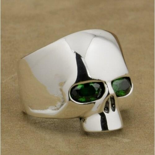 Polished Skull Ring Green CZ Eyes 925 Sterling Silver Mens Biker Rock Punk Style 9G503 US Size 7 to 15