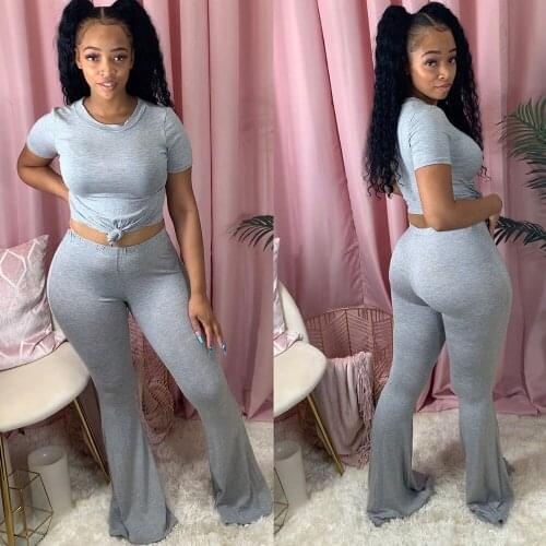Casual Elastic 2 Piece Set Joggers Women Tracksuit Solid Crop Top and Flare Pants Leggings Matching Sets for Women Sportwear