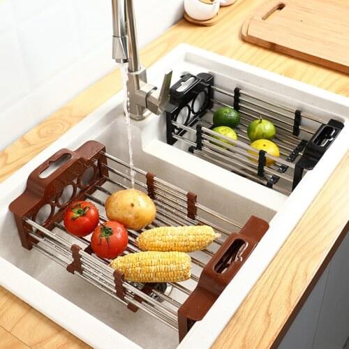 Adjustable Stainless Steel Dish Drying Rack Telescopic Filter Basket Kitchen Sink Organizer Drainage Rack Kitchen Tool Supplies