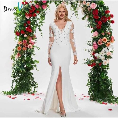 Dressv ivory elegant trumpet long sleeves wedding dress v neck appliques floor length bridal outdoor&church wedding dresses