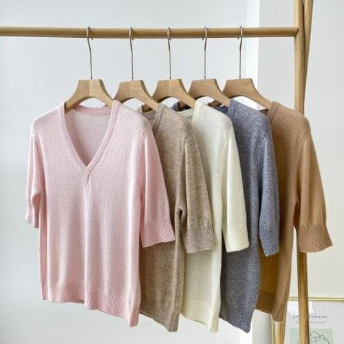 Women Sweater 2021 New Soft Cashmere Short-sleeved Sweater V-neck Solid Color Loose All-match Bottoming Shirt Blouse