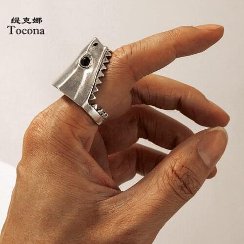Tocona Personality Crocodile Head Silver Color Single Ring for Men New Trendy Hollow Geometric Party Jewelry Accessories 18358