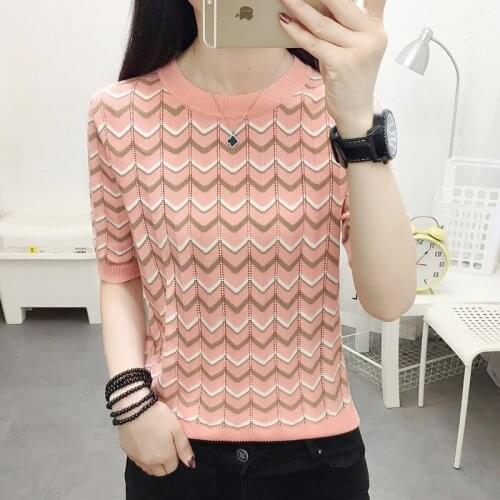 Women T-shirt Summer Knit Tops Ice Silk Wavy Stripes Short Sleeve Casual Slim Tee Shirt
