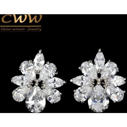 CWWZircons Romantic CZ Women Jewelry Silver Color Flower Shape High Quality Cubic Zircon Stone Earrings for Girls Gift CZ306
