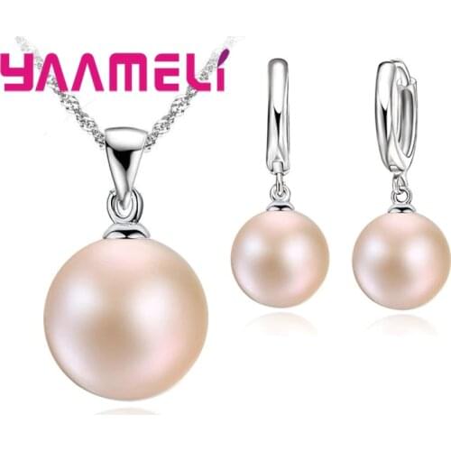 New Fashion Women Pearl Jewelry Sets 925 Sterling Silver Statement Necklace Dangle Earrings Wedding Bridal Jewellery