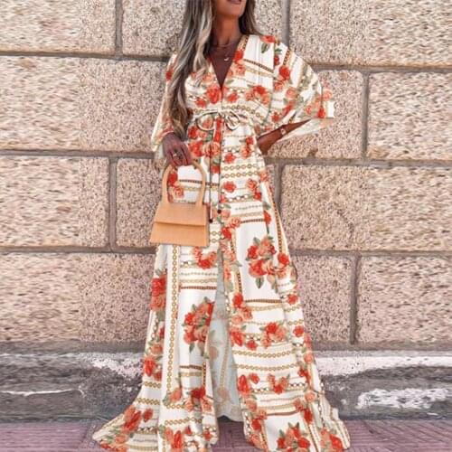 2021 New Stylish Floor-length Dress V Neck High Waist Slit Beach Dress Batwing Sleeve Printing Maxi Dress Women Accessory
