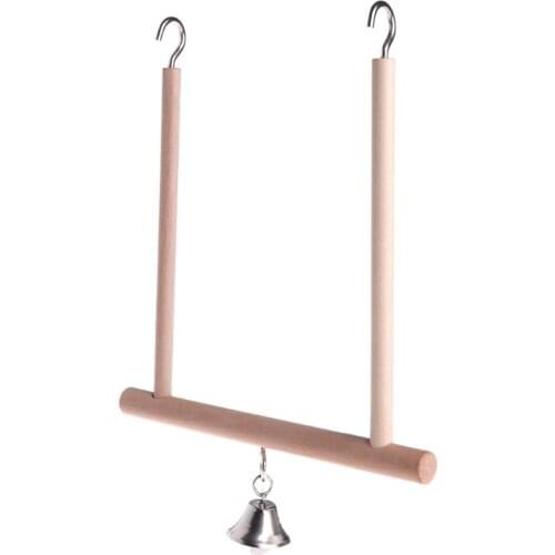 Birds Perch Parrot Play Toys Stand Holder natural Wooden Swing Bell Cage Hanging