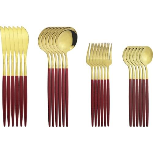6set Red Gold Stainless Steel Flatware Knife Fork Dessert Spoons Silverware Set Dinnerware Cutlery Home Kitchen Tableware Set