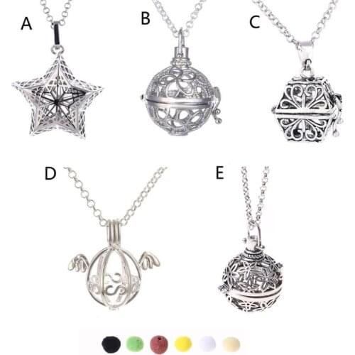 667E Antique Silver Aromatherapy Essential Oil Diffuser Locket Bottle Pendant Necklace with Lava Stone Fashion Jewelry