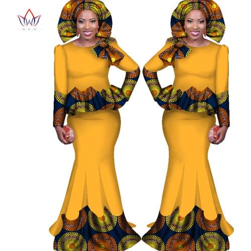 Africa Style Bazin Riche Dresses for Women Two Pieces Set Women Long Sleeve Tops and Long African Print Skirt Plus Size WY1682