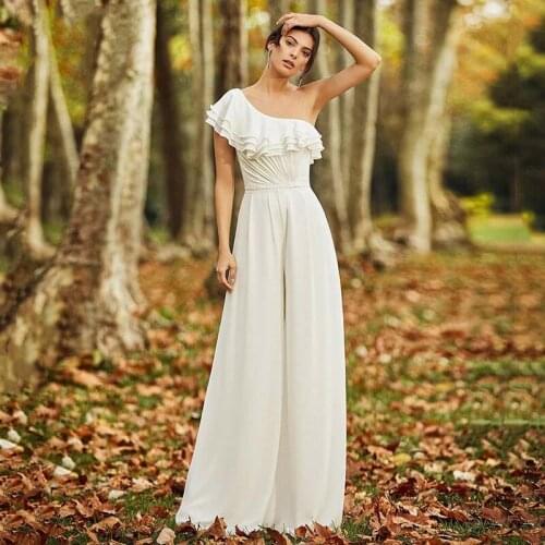 Boho One Shoulder Jumpsuit Wedding Dress Chiffon Pleats Simple Beach Pants Suit Outfits Summer Robes De Mariée Countryside 2021