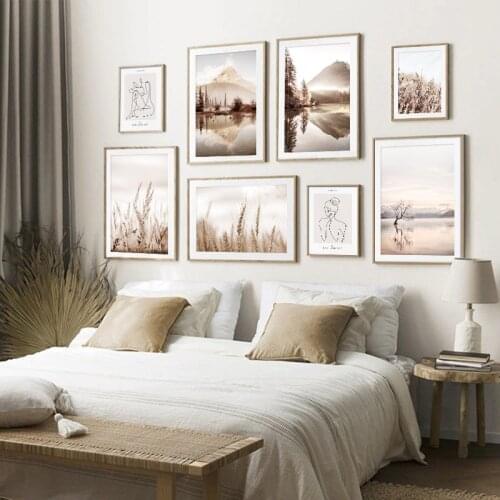 Bohemian sunrise natural landscape painting lake reflection canvas poster Nordic style art print gallery wall decoration picture