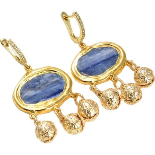 GG Jewelry Natural Blue Kyanite Dangle Gold Plated Small Bell CZ Hook Earrings gold color plated For Women Girls Gi