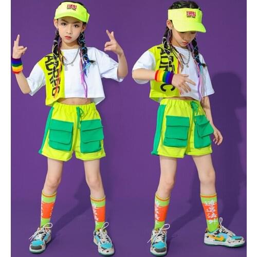 Jazz Dance Clothing For Girls Summer Hip Hop Street Dance Costume Short Sleeved Green Kids Performance Outfit Rave Wear BL6277