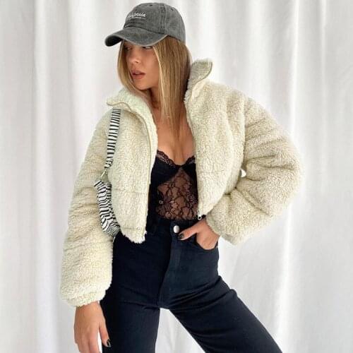 Hirigin Streetwear Fake Fur Coats Winter Clothes Women Zipper Pocket Loose Long Sleeve Cotton Jacket Thick Warm Harajuku Parkas