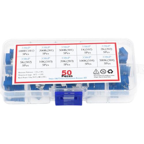 50pcs 3386P series 100R 200 500R 1K 2K 5K 10K 20K 50K 100K 500K multi-turn potentiometer Variable resistors With box set