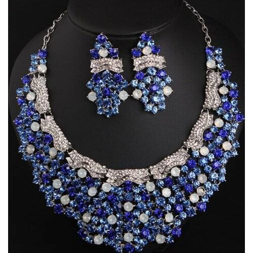 Fashion Women Crystal Blue Rhinestone Jewelry Sets Bib Choker Necklace Earrings Statement Indian Bridal Wedding Party Gifts