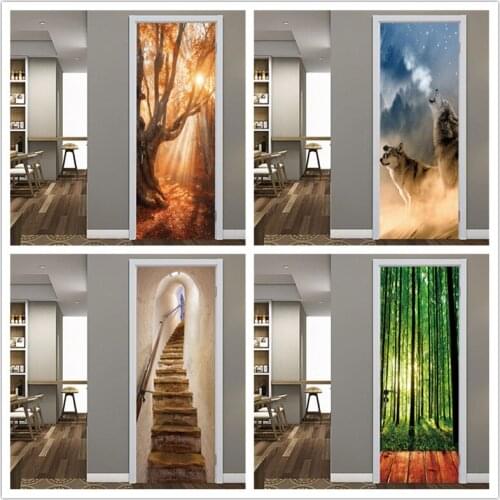 PVC Bedroom Door Wallpaper Wolf Roar Poster Self-adhesive Wood Door Stickers Home Decor Decal S Mural deursticker voor woonkamer