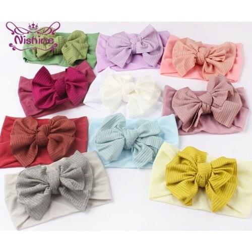 Nishine Solid Color Striped Bowknot Baby Girls Elastic Wide Hairband Fashion Handmade Bows Infant Nylon Headband Birthday Gifts