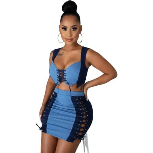 2021 new Womens Clothing Sexy Fashion Wrapped Chest V Neck Suspenders Tie Rope Hollow Denim Skirt Two Piece Suit