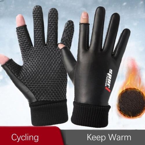 Mens Gloves Autumn Cycling Winter Two-Finger Velvet Warm Non-Slip Male Waterproof Sports Touch Screen Hiking Fishing Gloves